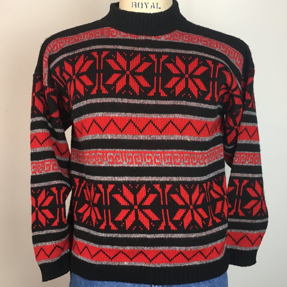 Unisex 80s Mockneck Snowflake Fairisle Sweater